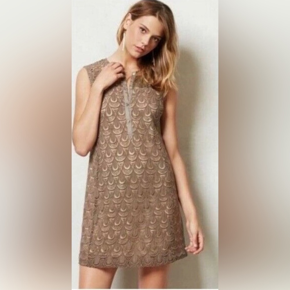 Tan Anthropologie TINY Shimmering Lace Shift Dress Size 6 EUC